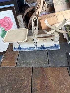 Antique Krups Kitchen Blue Delft Seashore Design Scale Pottery/Cast Metal German